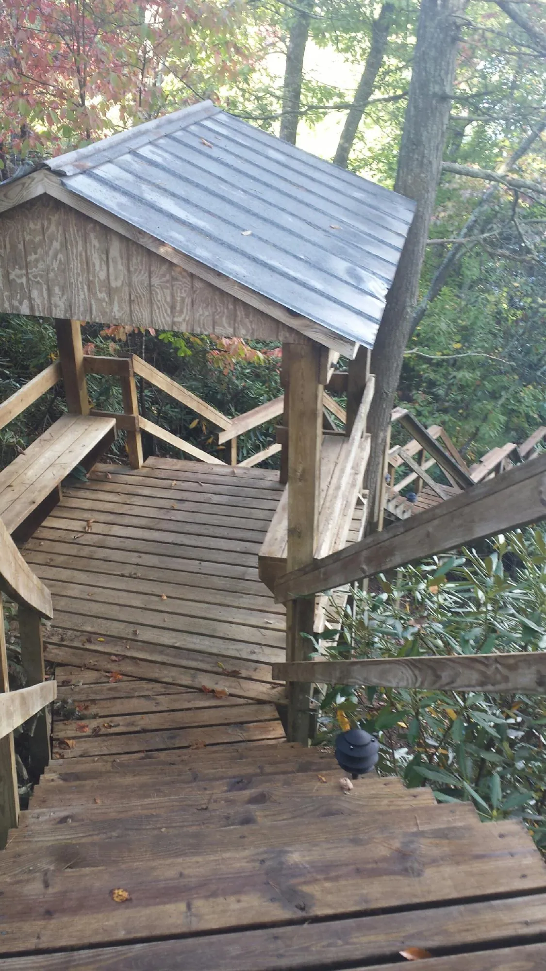 Metal roofed shelter over wooden steps on a wooded walkway — Skylight Repair & Installation work by our crew in Penhook